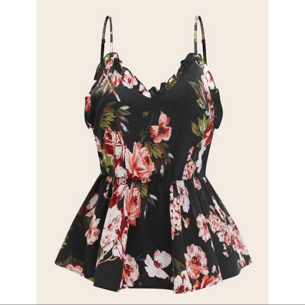 Plus Frill Trim Floral Peplum Cami Top